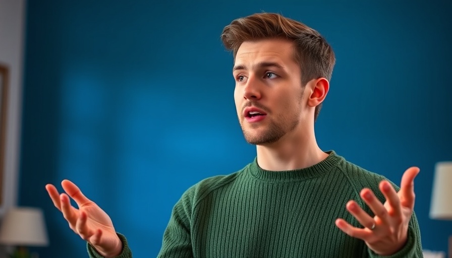 Young man discussing AI copyright concerns, expressive hand gestures.