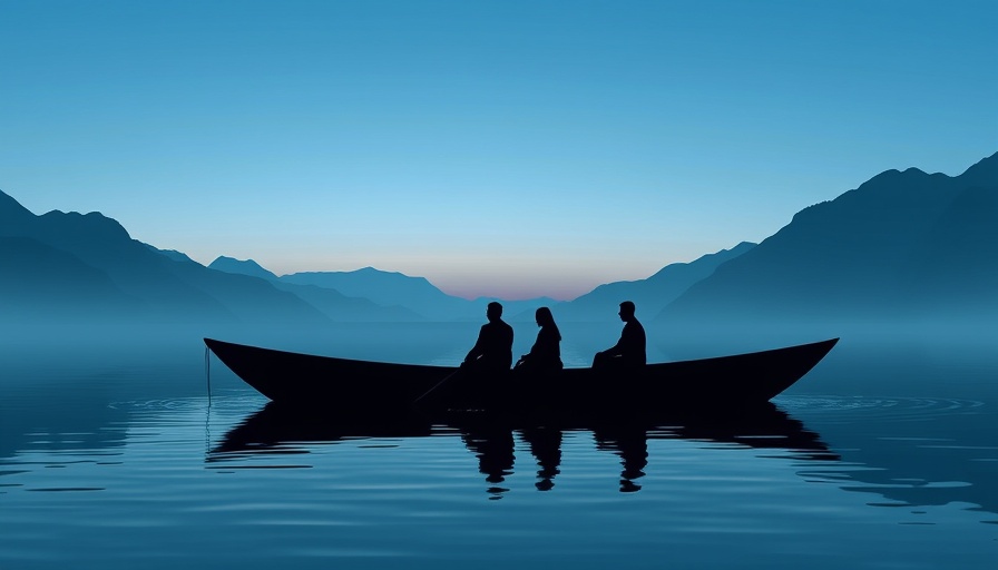 Silhouetted figures in boat on river, evening blues, digital art.