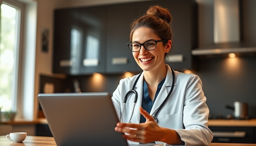 Female doctor conducting telehealth consultation in modern kitchen