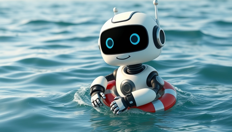 Generative AI therapy robot in a life preserver on an ocean.