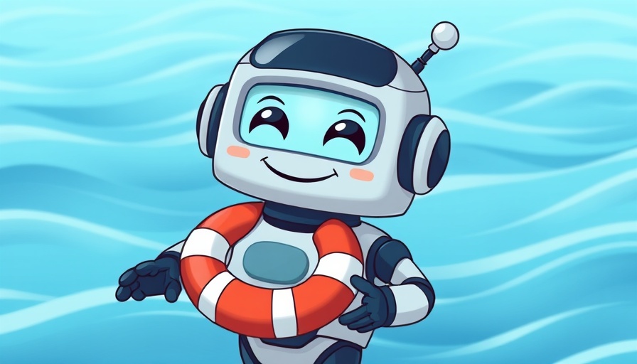 Generative AI Therapy robot with a lifebuoy on blue waves.