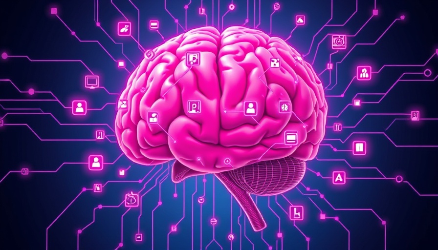 Futuristic brain-computer interface illustration with pixel icons.
