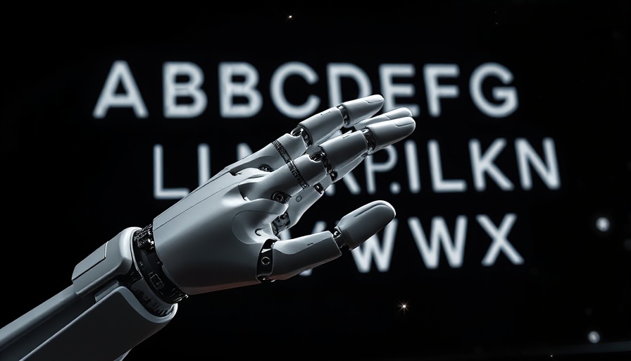 Futuristic robotic hand AI scribes in healthcare, interacting with letters.