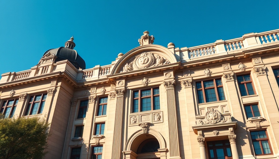 National Institutes of Health facade under blue sky with intricate details.
