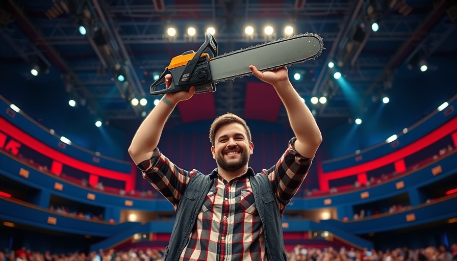Person holding chainsaw confidently in bright auditorium, mega API for IRS data.