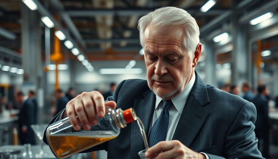 Elderly man pouring liquid in modern setting, fluoride in drinking water concept.