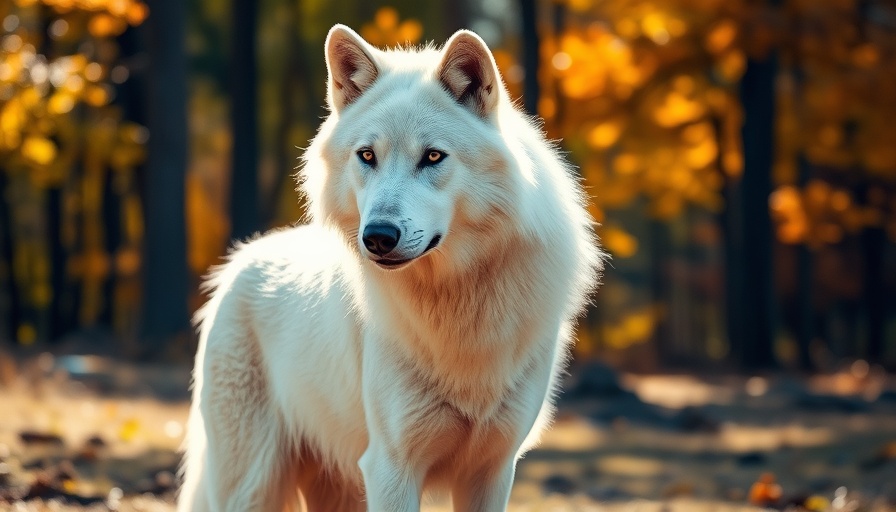 Majestic white wolf in sunlit forest, dire wolf revival.