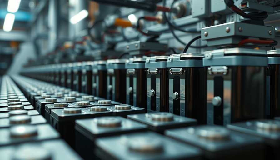 Impact of tariffs on batteries: close-up of modern battery cells in a factory.