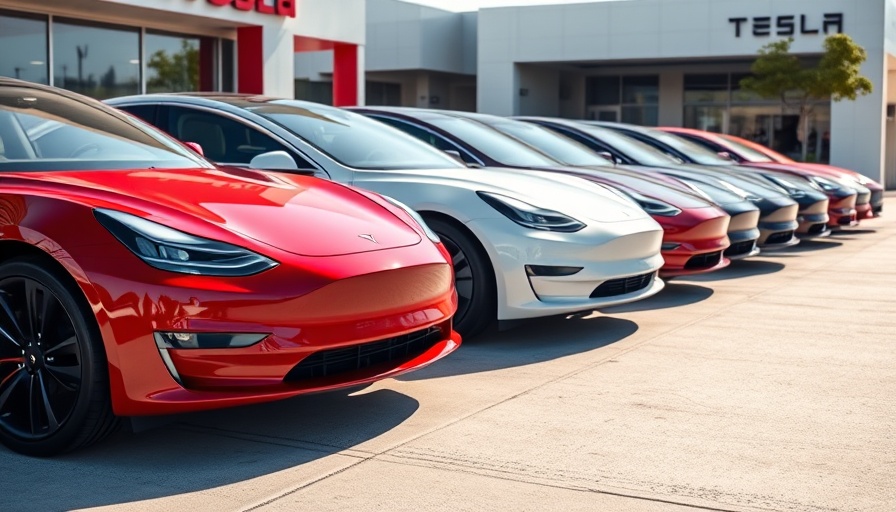 Lineup of sleek Tesla cars in a dealership forecourt.