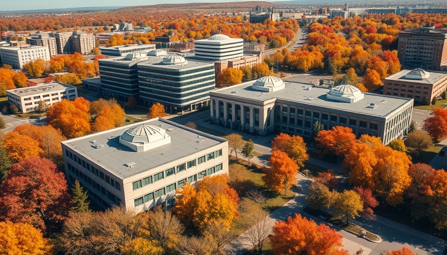 NIH campus buildings in autumn, aerial view showcasing the research facility, related to NIH grant review panels.