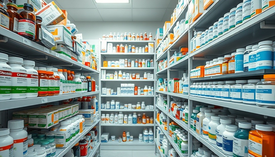 Organized pharmaceutical bottles on shelves in affiliated pharmacy.