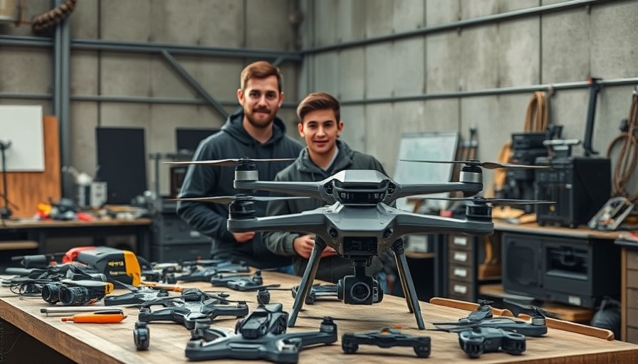 Young engineers showcasing drone prototypes in advanced tech workshop.