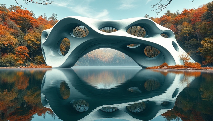Futuristic organic structure over water, AI in architecture.