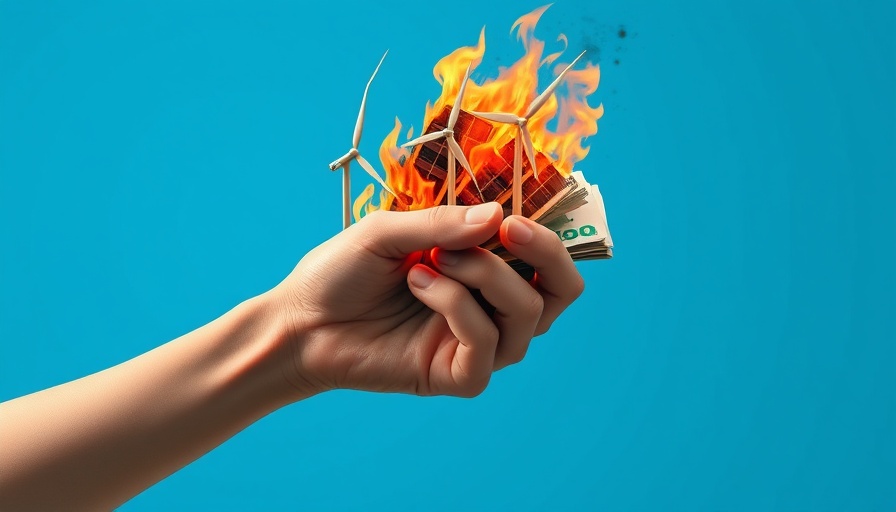 Burning money in a hand with wind turbines and solar panels.