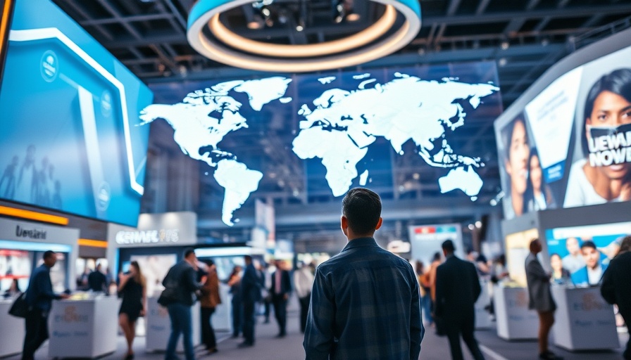 Conference attendee engaging with world map display at annual meeting.