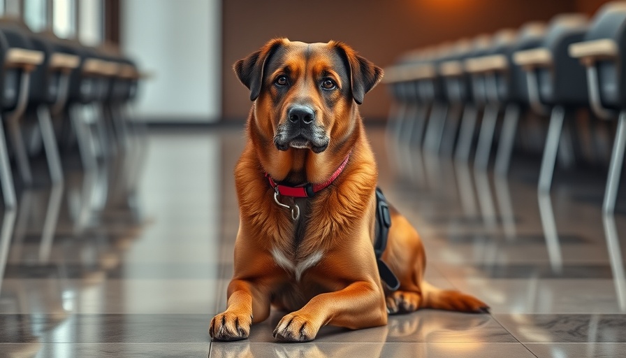 Service dog at AACR 2025 cancer research conference scene.