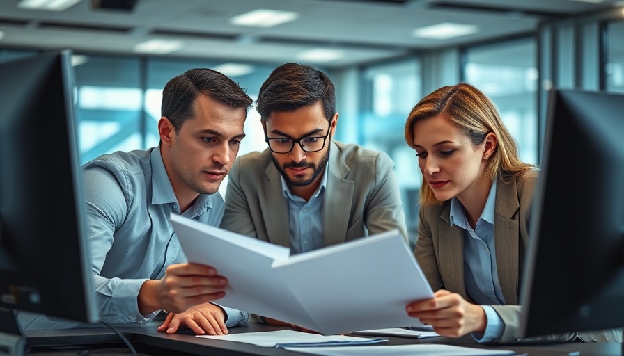Professionals discussing AI governance in healthcare in a modern office.