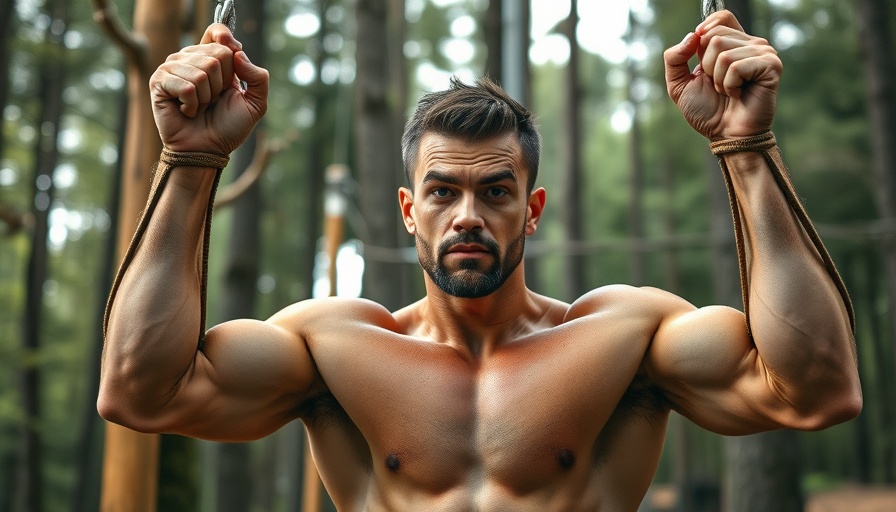Longevity influencer exercising in forest-themed home gym.