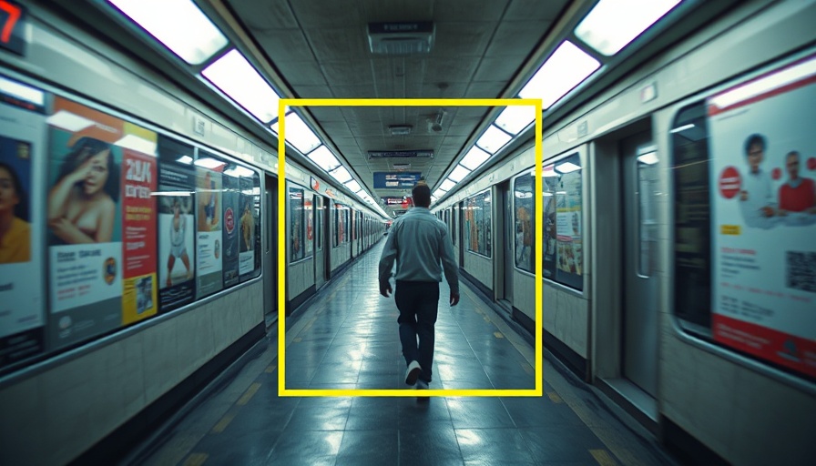 AI surveillance in subway corridor with person walking, CCTV view.
