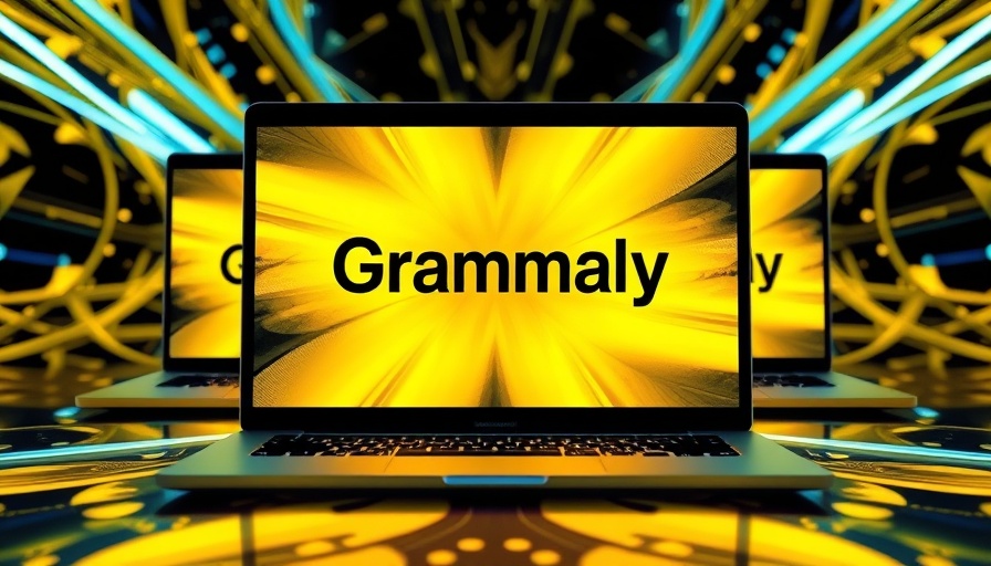 Grammarly Pro interface on laptops, vibrant yellow pattern, healthcare communication tool.
