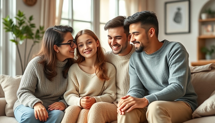 Family gathering in cozy living room with soft daylight.