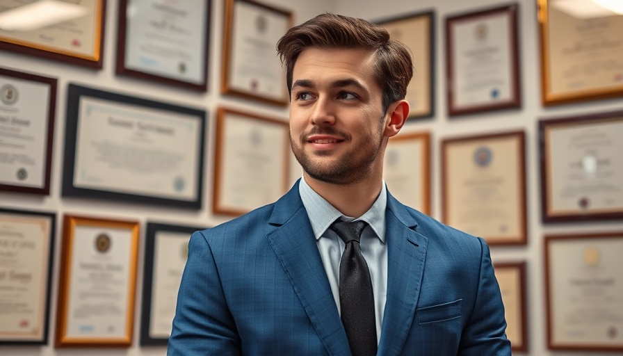 Confident young professional in blue suit with certificates in office, Gene Therapy Futures.