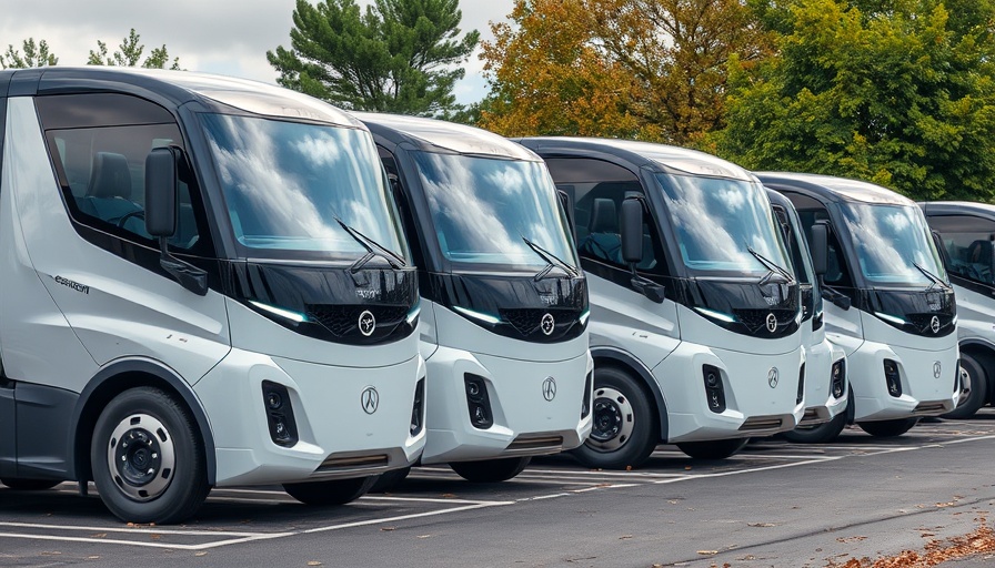 Fleet of futuristic electric trucks in parking lot on cloudy day, highlighting trade-ins and depreciation.