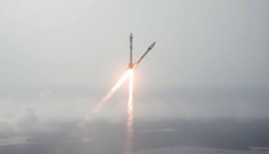 SpaceX ninth test flight with rocket soaring above misty landscape.
