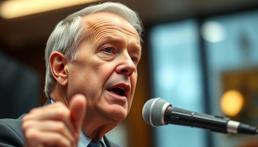 Serious older man speaking at formal event about corrupt medical journals.