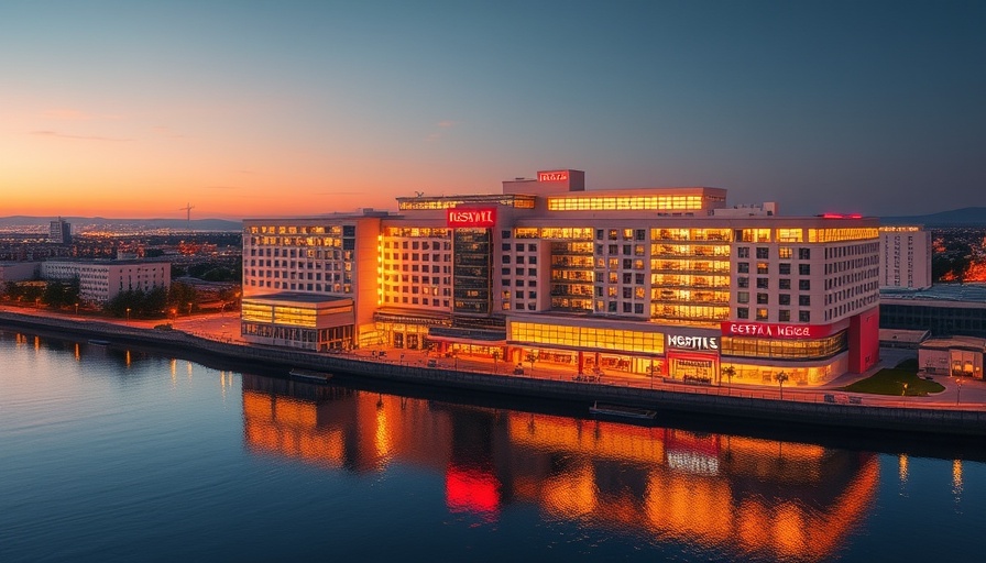 Vibrant hospital complex at sunset, reflecting on a calm river.