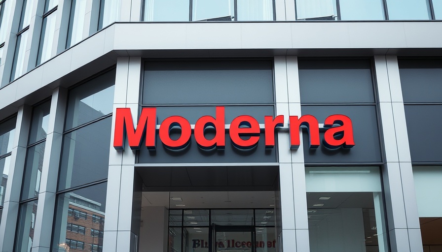 Close-up of Moderna logo on a building facade related to HHS contract news.