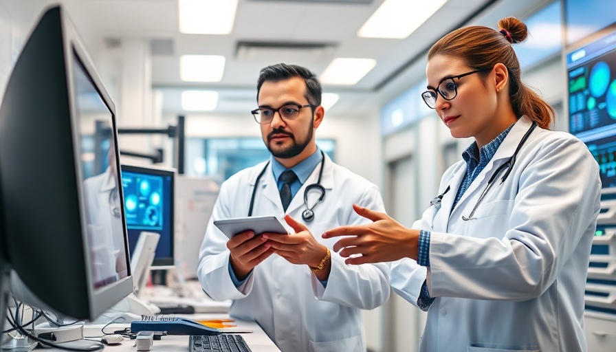 Healthcare professionals analyzing data with hybrid cloud storage in lab.