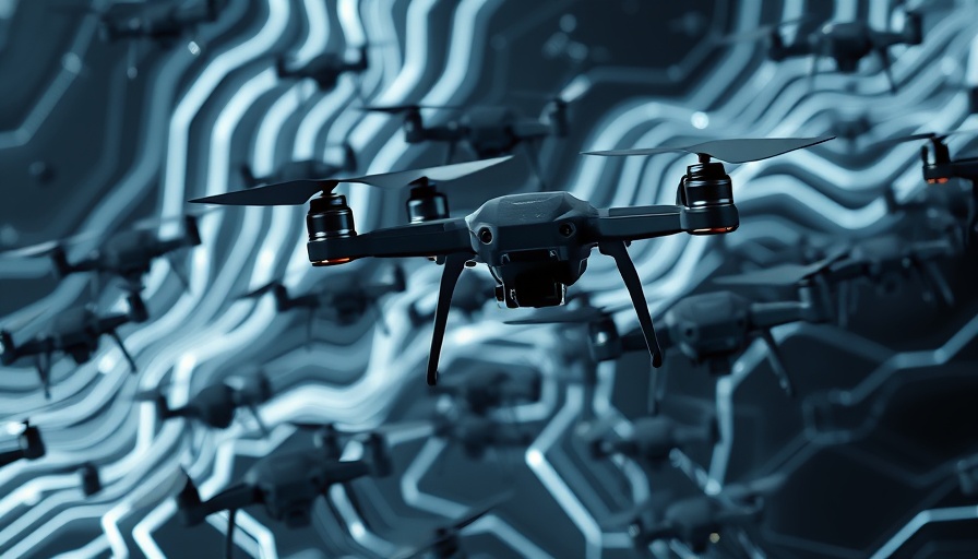 Anti-drone technology interacting with drone swarm in abstract field.