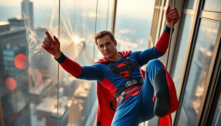 Superhero window washers brighten day on skyscrapers.