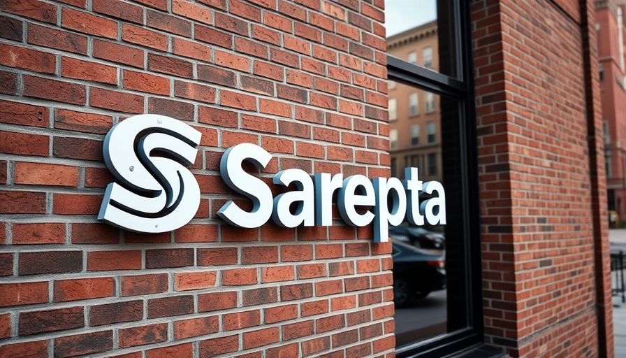 Sarepta logo on urban brick building reflecting cityscape, daytime.