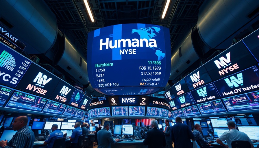 Active stock exchange floor with Humana ticker on NYSE display.