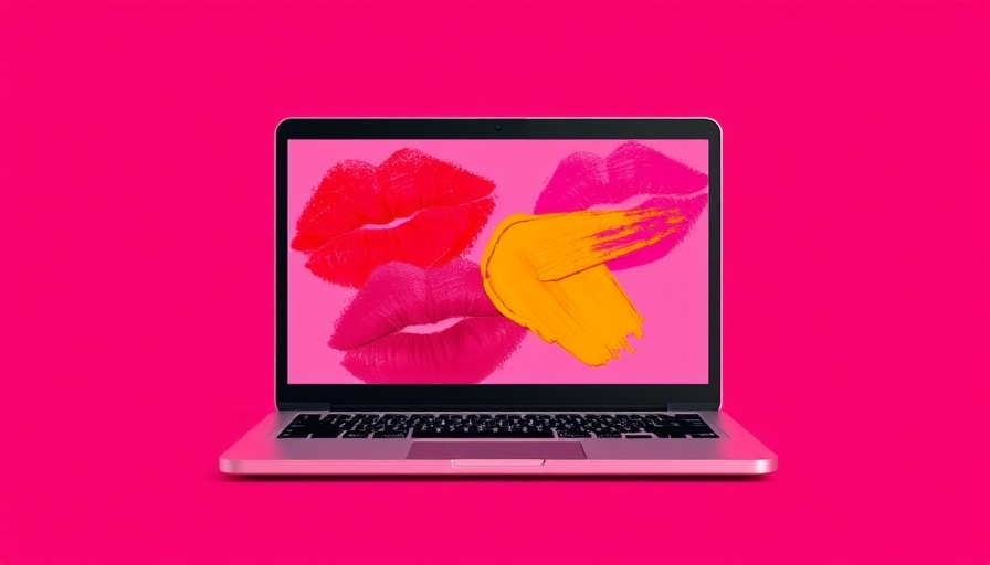 Laptop with lipstick marks on screen, digital illustration.
