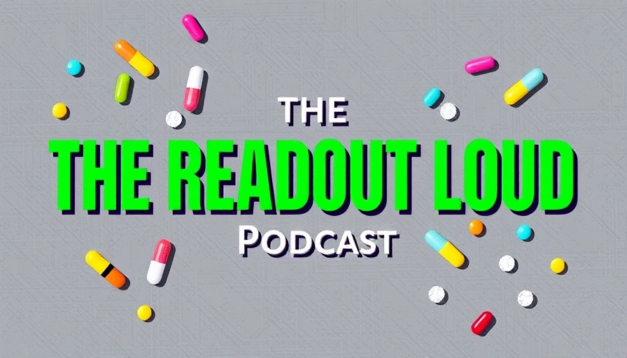 Colorful podcast graphic with geometric pills on grey.