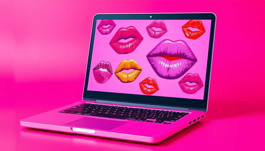 Stylized pink laptop with colorful lip prints on screen, AI chatbots and calorie restriction theme.