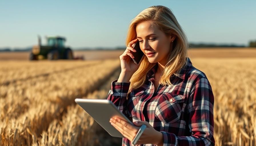 Rural woman with tablet and phone in wheat field, AI in rural healthcare.