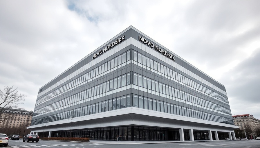 Novo Nordisk headquarters with sleek, modern design, associated with CagriSema weight loss drug.