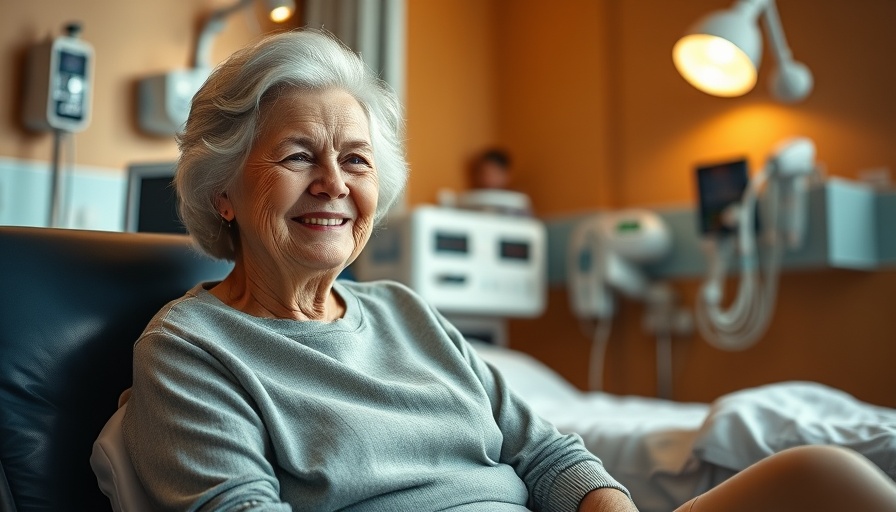 Elderly woman smiling in hospital room after heart transplant.