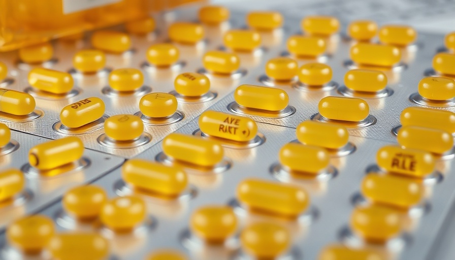 Blister packs of yellow capsules with prescription details, reflecting light.