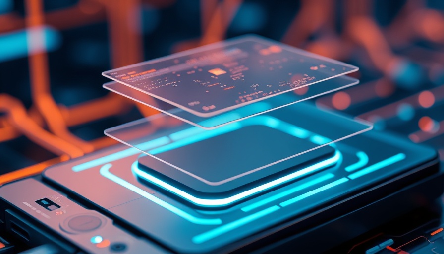 Layered cybersecurity concept with digital layers over device.