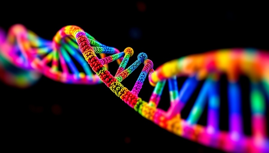 Vibrant multicolored DNA sequence in digital art style, showcasing a dynamic and colorful design.