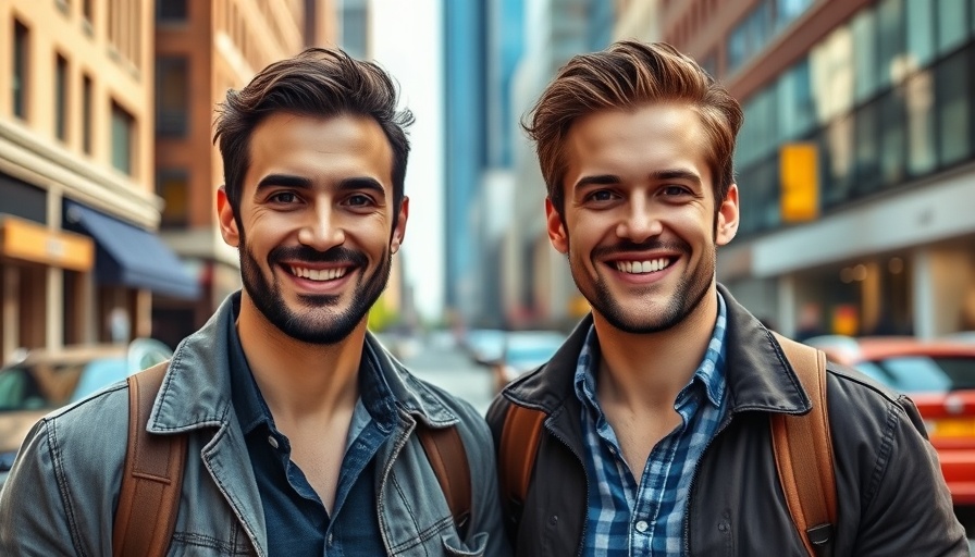Two men representing an AI-powered startup studio, standing confidently on a city street.