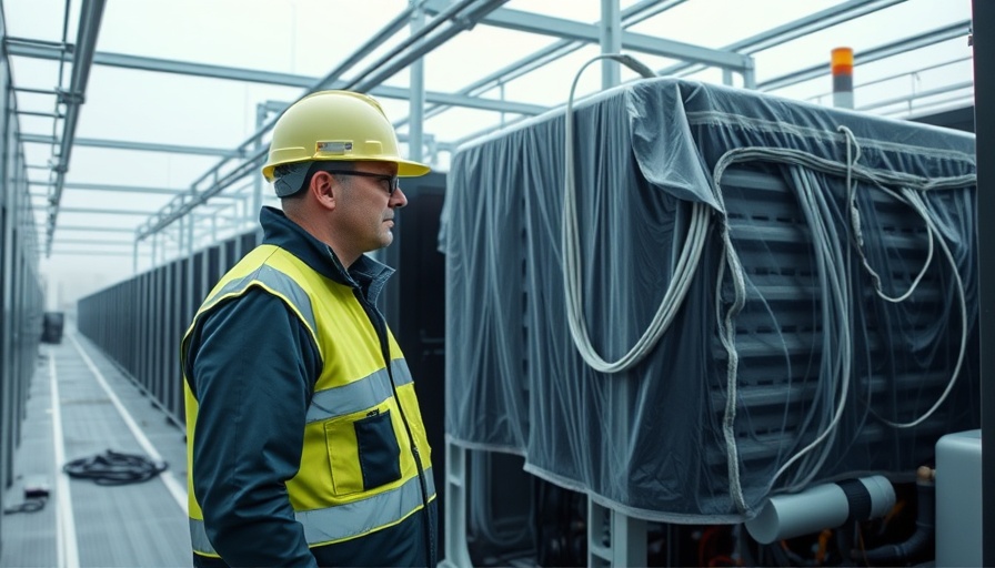 Sustainable AI data center practices with a worker inspecting equipment outdoors.