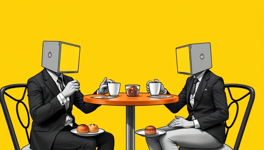 Surreal image of people with laptop heads at a table, AI agents theme.