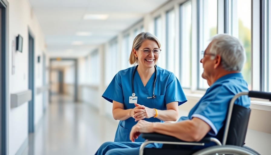 Nurse assisting elderly patient in bright hospital with AI voice assistant in healthcare.