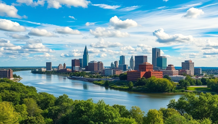 Columbus city skyline reflecting on a river, depicting thriving urban development.